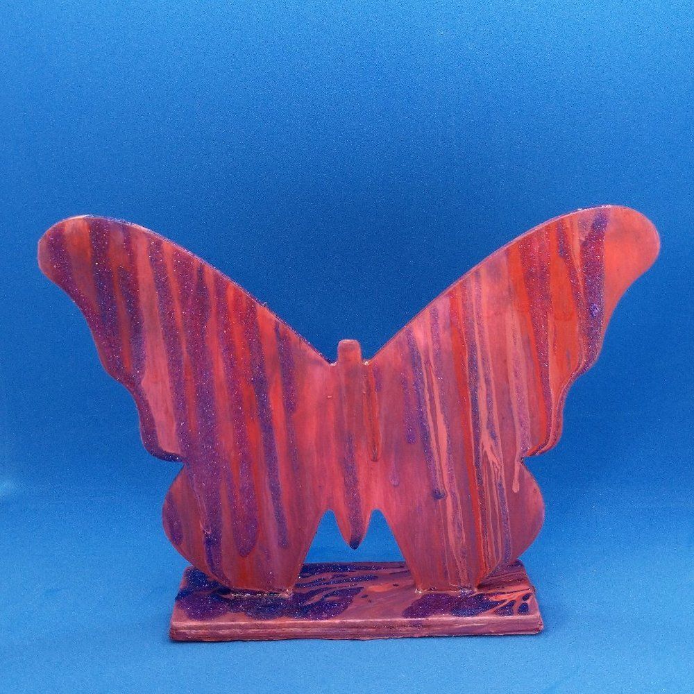 Hand Crafted Standing Wood Butterfly Decoration Pink Blue Glitter Children's